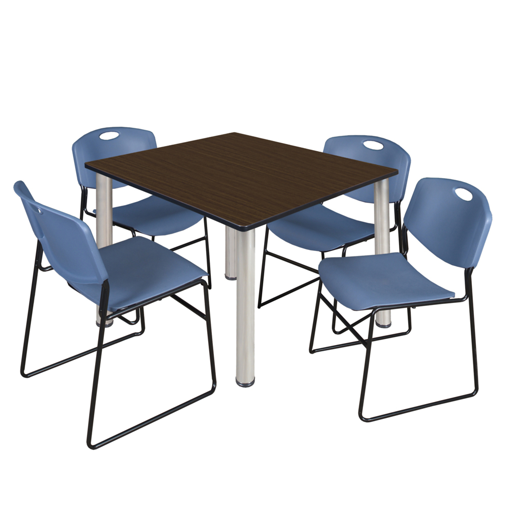 Regency Kee 48in. Square Breakroom Table with Chrome Post Legs and 4 Zeng Stack Chairs — Neo Walnut/Noble Oak, Blue, Model# TB4848NWBPCM44BE